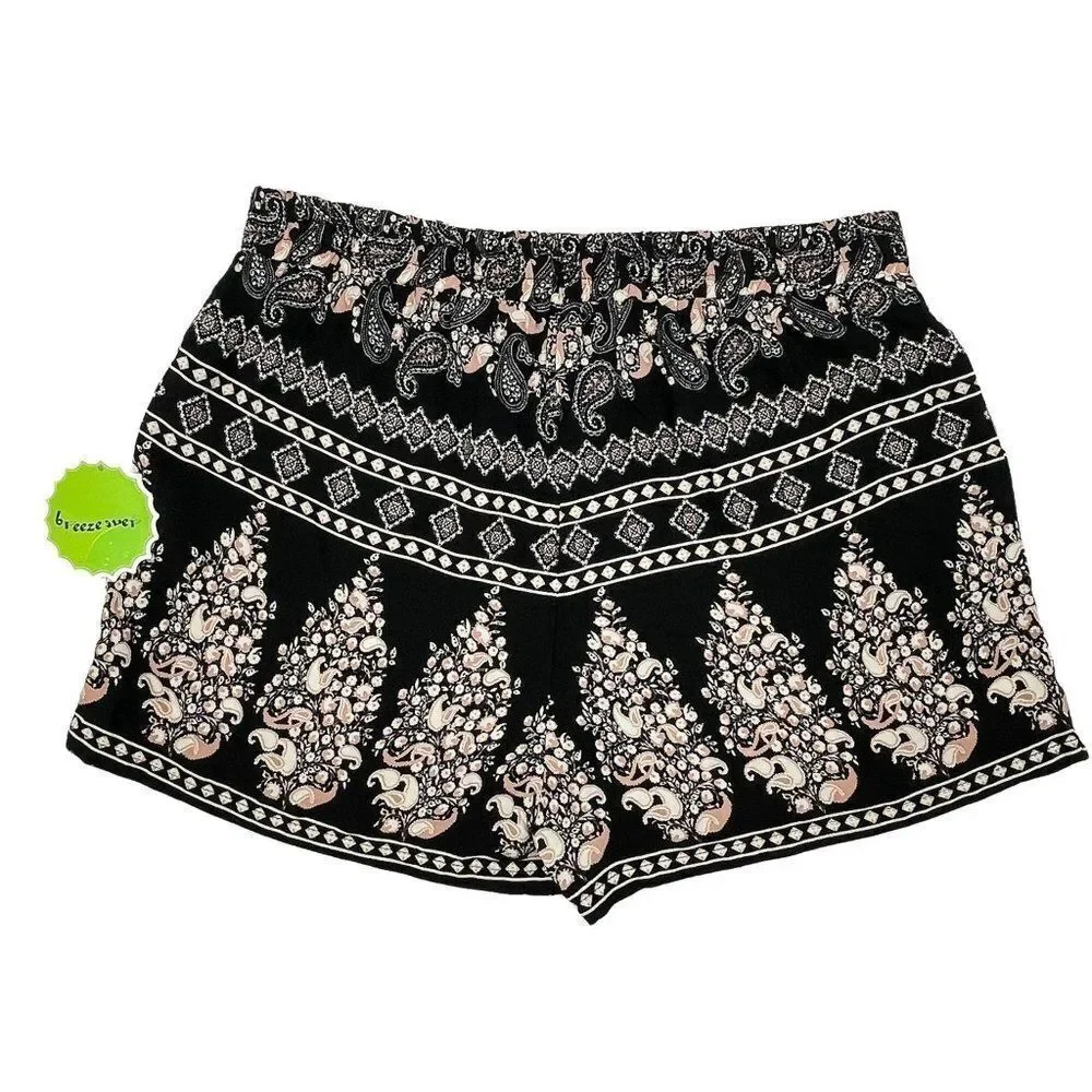 Breeze Ever Loose High Waisted Boho Paisley Print Rayon Shorts Black Large - Picture 2 of 5